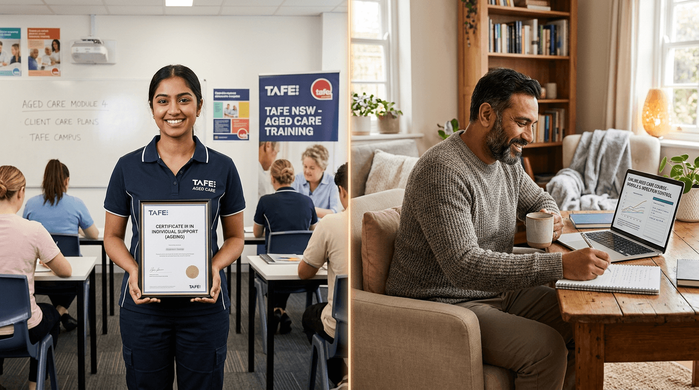 Split image showing a TAFE student holding a certificate on the left and a person studying online at home on the right